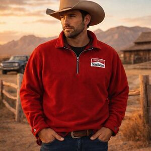 Vtg Marlboro 1/4 Zip Pullover Jacket XL Fleece Reversible Red Black Plaid